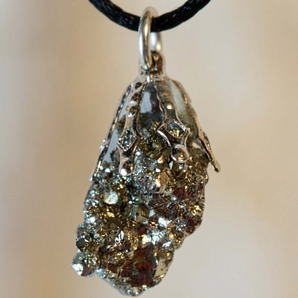 7 Metals amulet pendant with pyrite and intricate metalwork on black cord necklace for empath protection and prosperity
