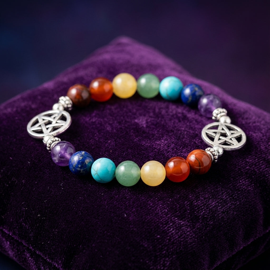 You will be generating high-quality product photos for an online stores product page. The product images should closely match the original products.
      Here is the prompt (IMPORTANT!): """A photorealistic close-up of the '8mm Chakra and Pentagrams Brace