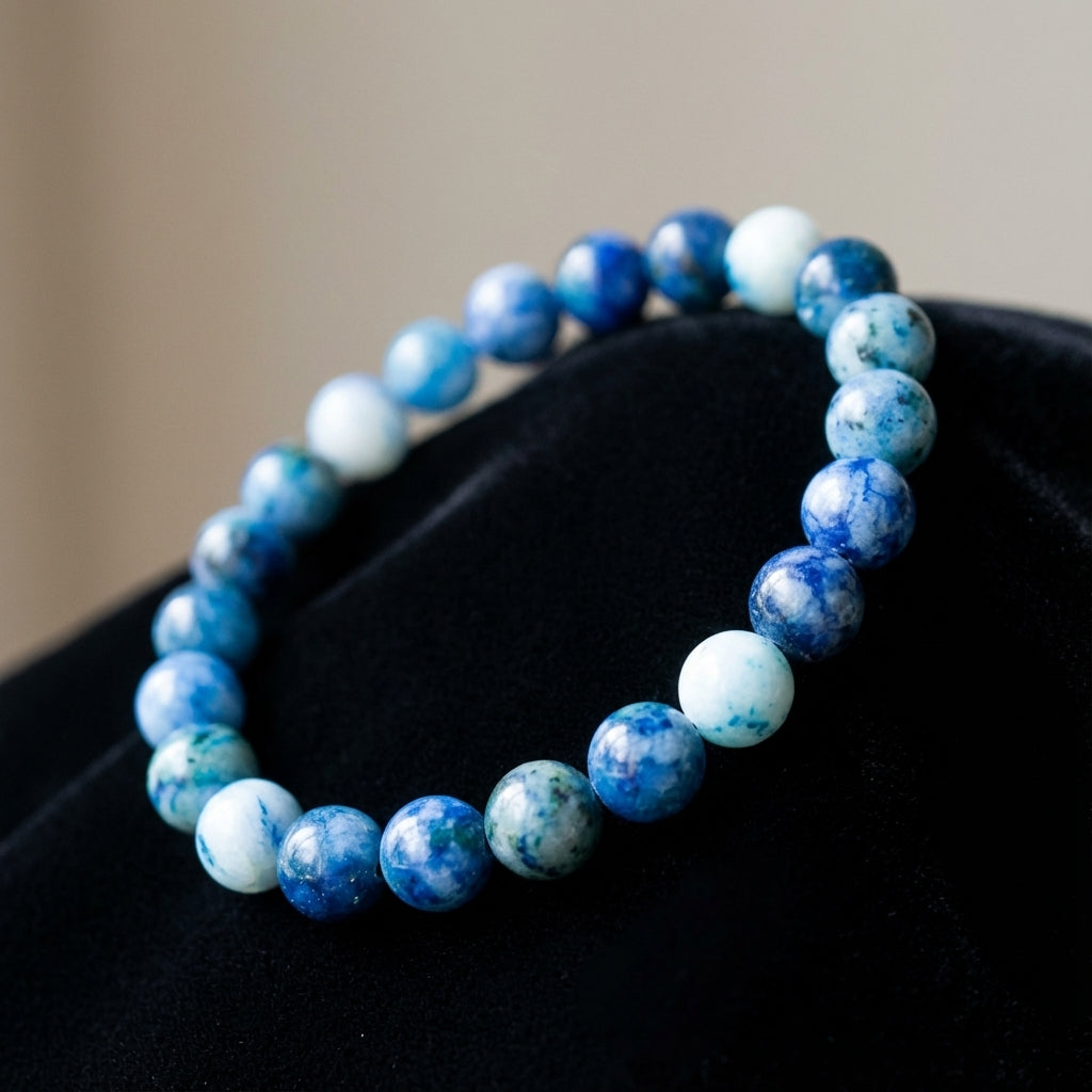 You will be generating high-quality product photos for an online stores product page. The product images should closely match the original products.
      Here is the prompt (IMPORTANT!): """Capture a close-up of the 8mm Chrysocolla Bracelet elegantly drap