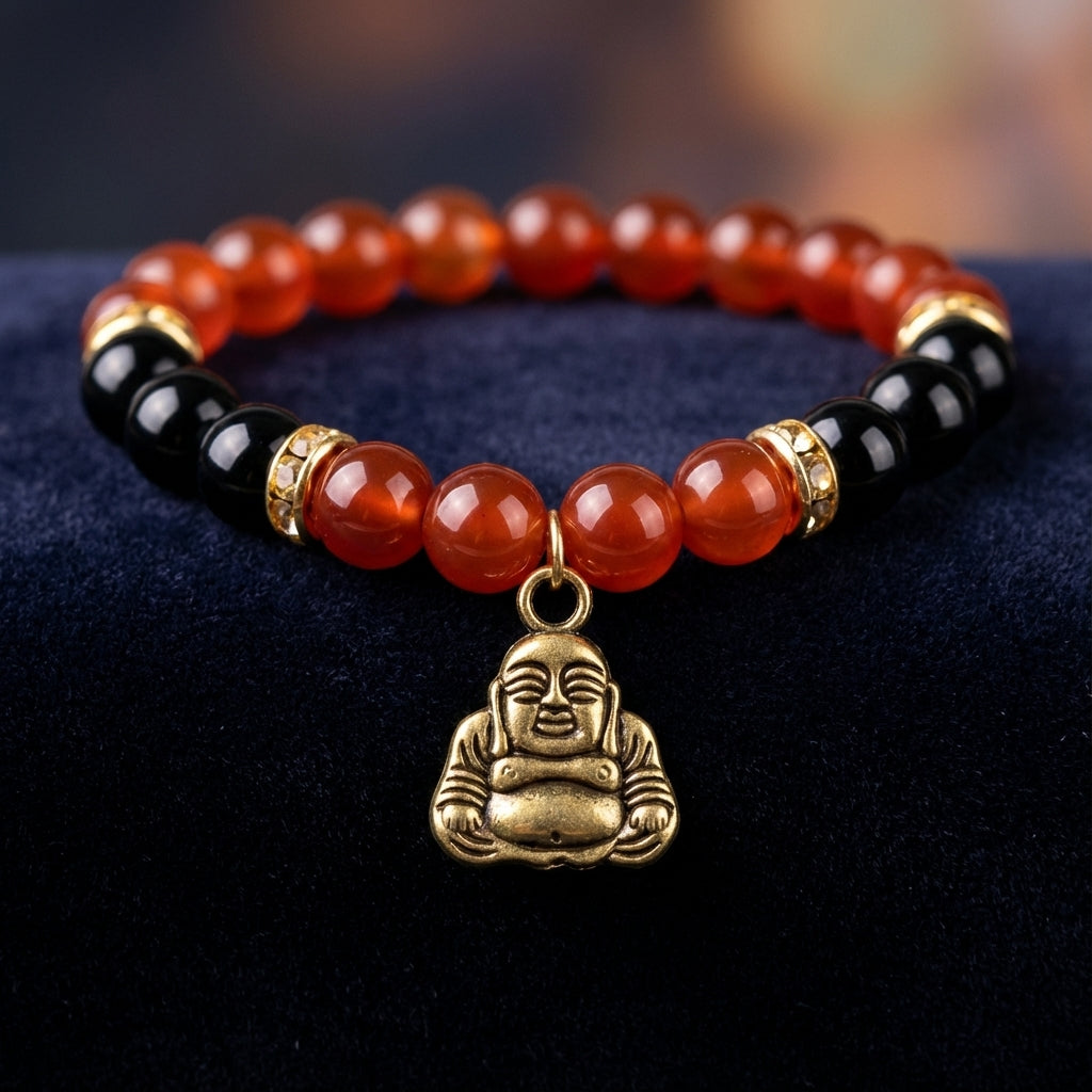 You will be generating high-quality product photos for an online stores product page. The product images should closely match the original products.
      Here is the prompt (IMPORTANT!): """A photorealistic close-up shot of the '8mm Red Agate and Black On