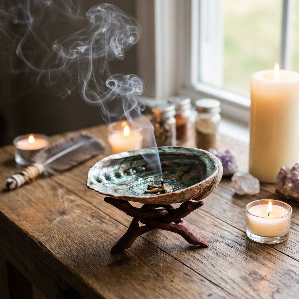 You will be generating high-quality product photos for an online stores product page. The product images should closely match the original products.
      Here is the prompt (IMPORTANT!): """Lifestyle scene of the Abalone Shell Incense Burner With Stand, 5