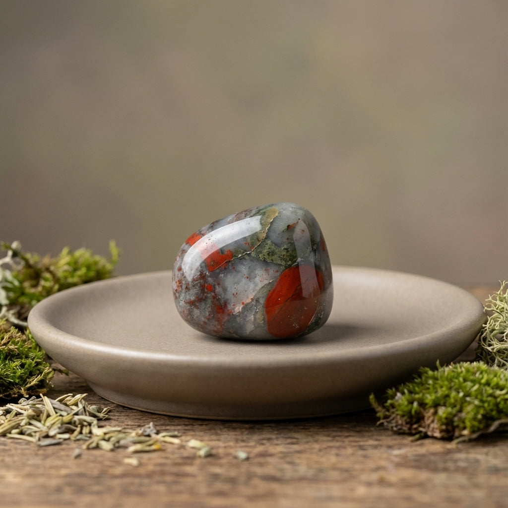 You will be generating high-quality product photos for an online stores product page. The product images should closely match the original products.
      Here is the prompt (IMPORTANT!): """A studio shot of a single African Bloodstone Tumbled Stone displa