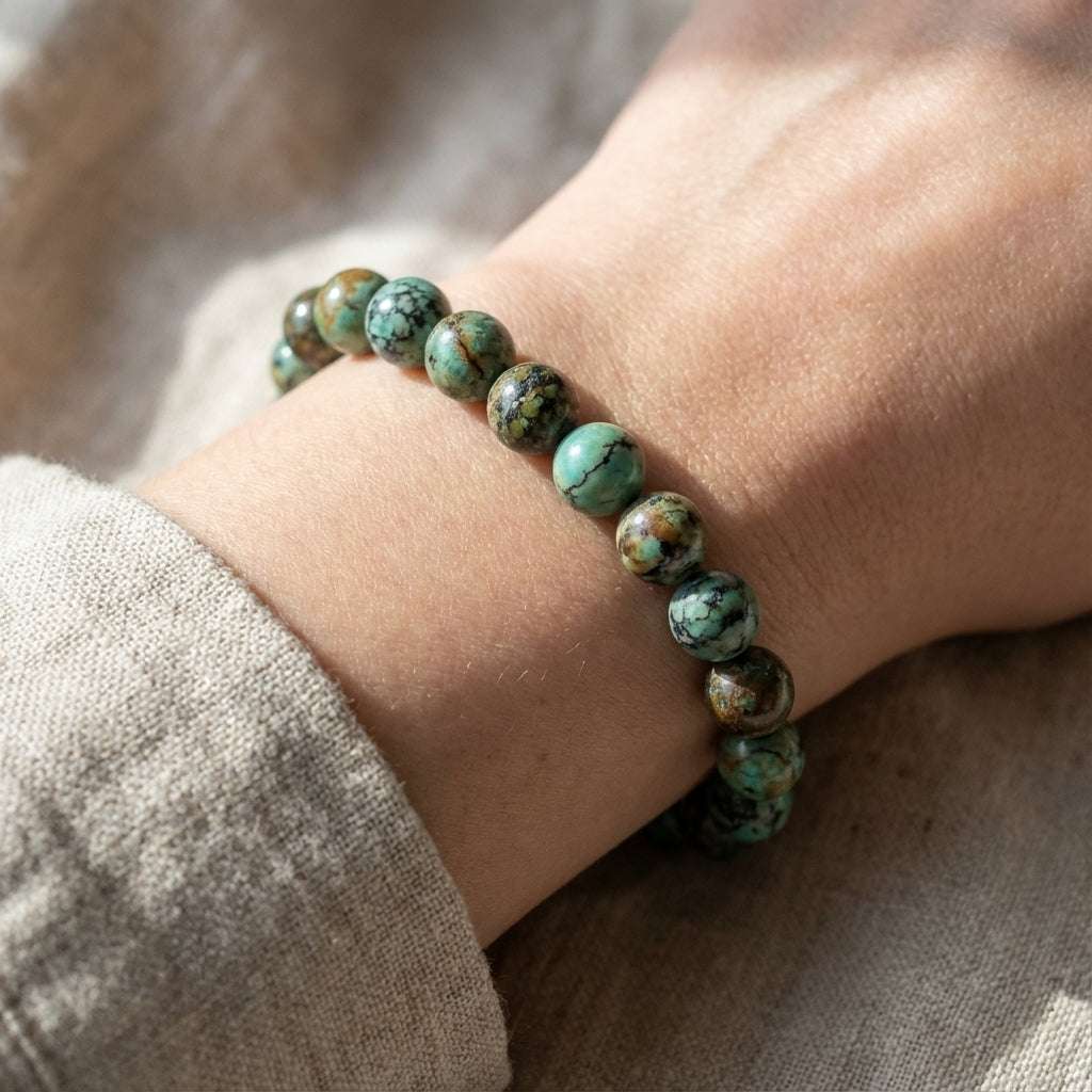 You will be generating high-quality product photos for an online stores product page. The product images should closely match the original products.
      Here is the prompt (IMPORTANT!): """Capture a close-up, macro shot of the 8mm African Turquoise beade
