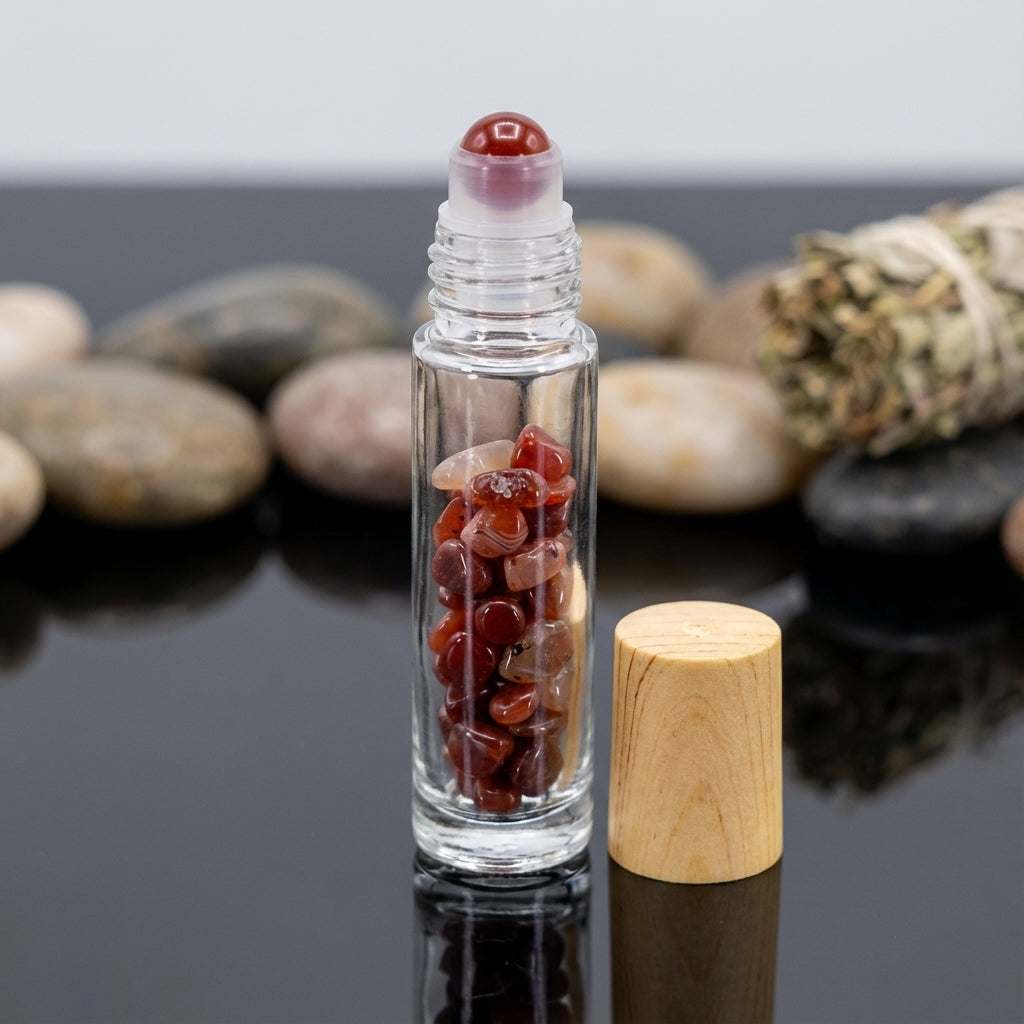 You will be generating high-quality product photos for an online stores product page. The product images should closely match the original products.
      Here is the prompt (IMPORTANT!): """A highly detailed, photorealistic image of a 10ml Agate Red Rolle