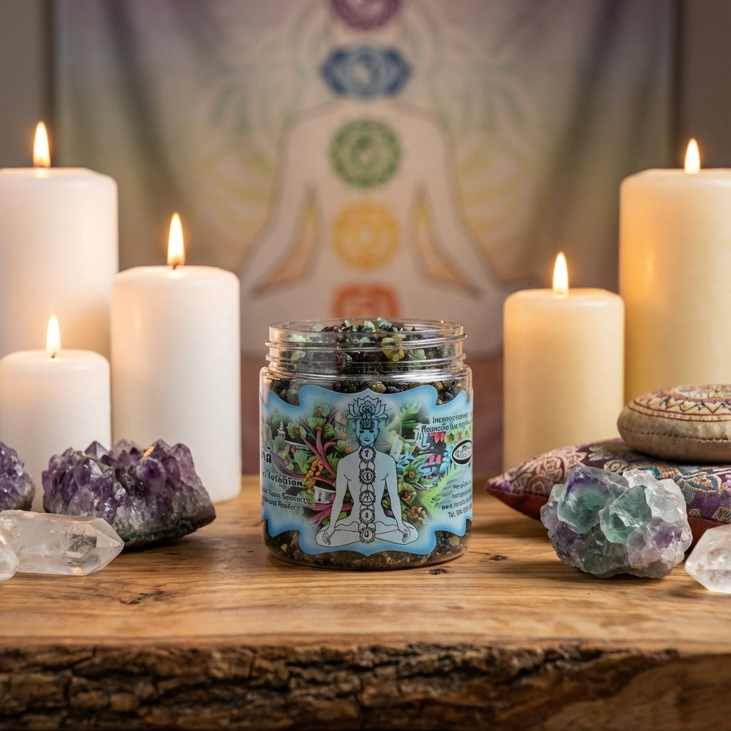 You will be generating high-quality product photos for an online stores product page. The product images should closely match the original products.
      Here is the prompt (IMPORTANT!): """A styled lifestyle scene featuring the Ajna Resin Incense Jar pla