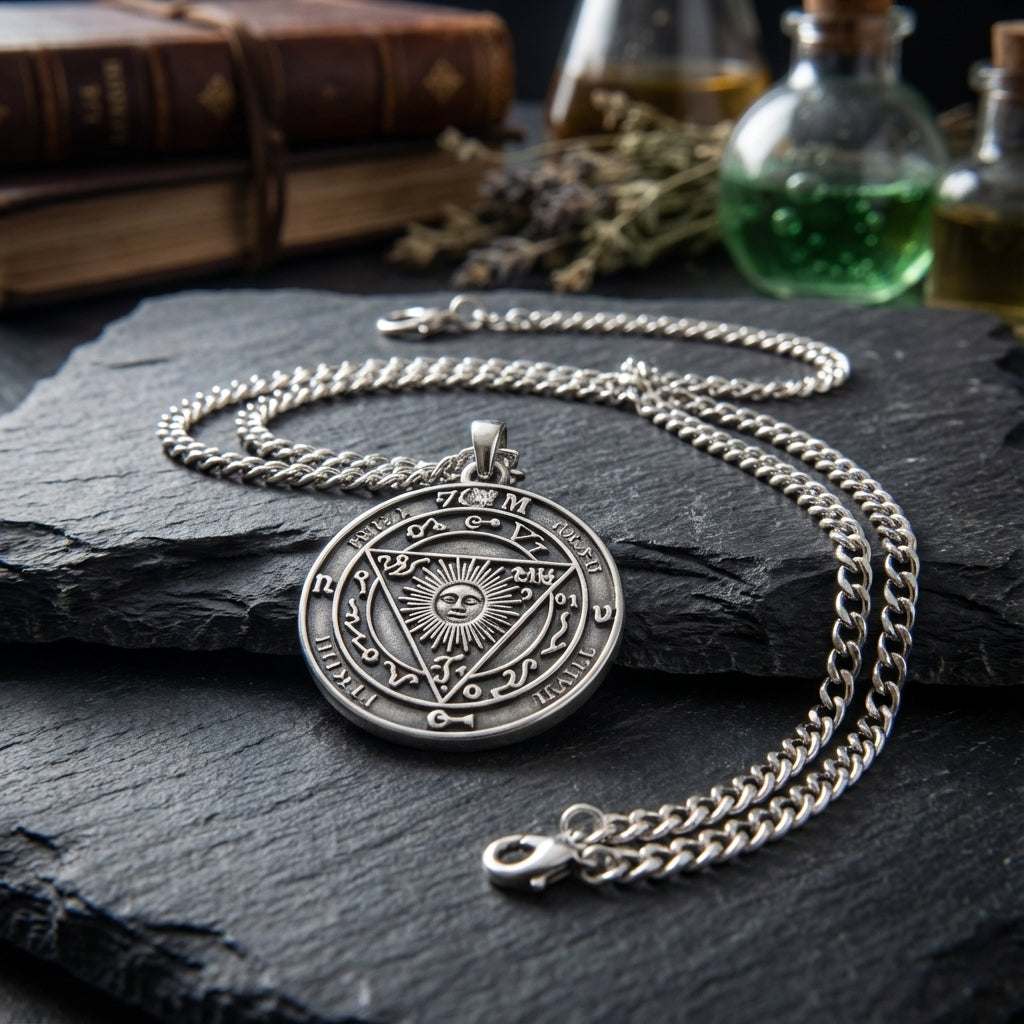 You will be generating high-quality product photos for an online stores product page. The product images should closely match the original products.
      Here is the prompt (IMPORTANT!): """A cinematic shot of the Conjuration of Powers amulet placed on a 