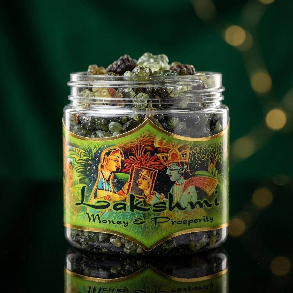 Create a luxurious, high-resolution studio shot of the 'Lakshmi Money & Prosperity Resin Incense' jar, set against a deep, velvety emerald green backdrop that evokes wealth and prosperity. Use softbox lighting to generate a gentle, even glow that highlight