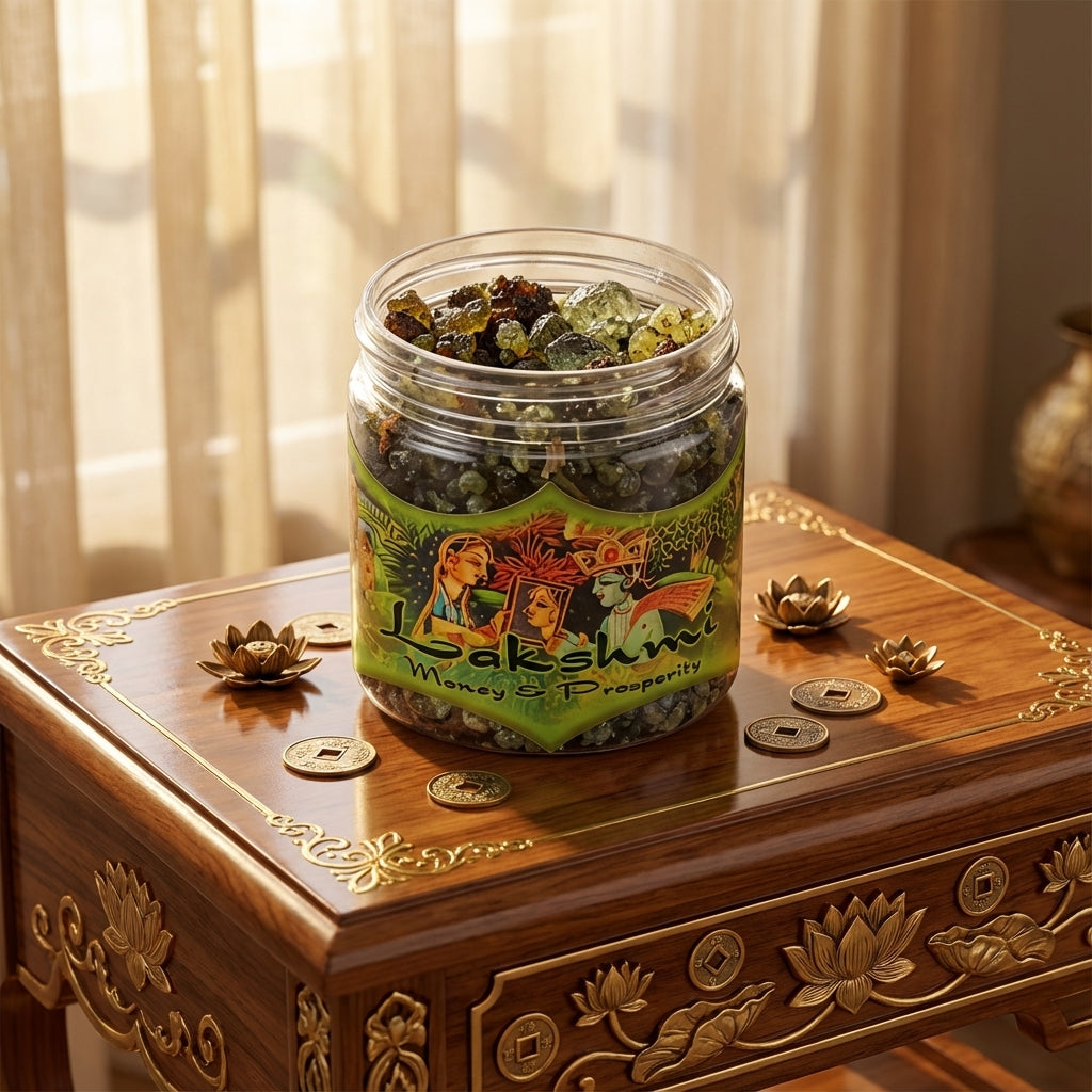 Design a warm, inviting lifestyle scene in a softly lit room with natural daylight filtering through sheer curtains. Position the Lakshmi resin incense jar on an ornate wooden altar decorated with delicate gold accents and small, symbolic prosperity motifs