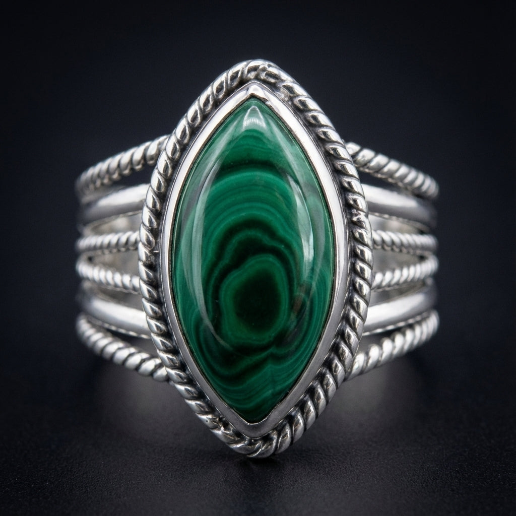 Create a high-resolution, studio-quality image of the 'size 11 Malachite ring' featuring a close-up macro shot taken with a 100mm macro lens, set against a sleek, dark matte background. Utilize softbox lighting from the top left to highlight the polished m