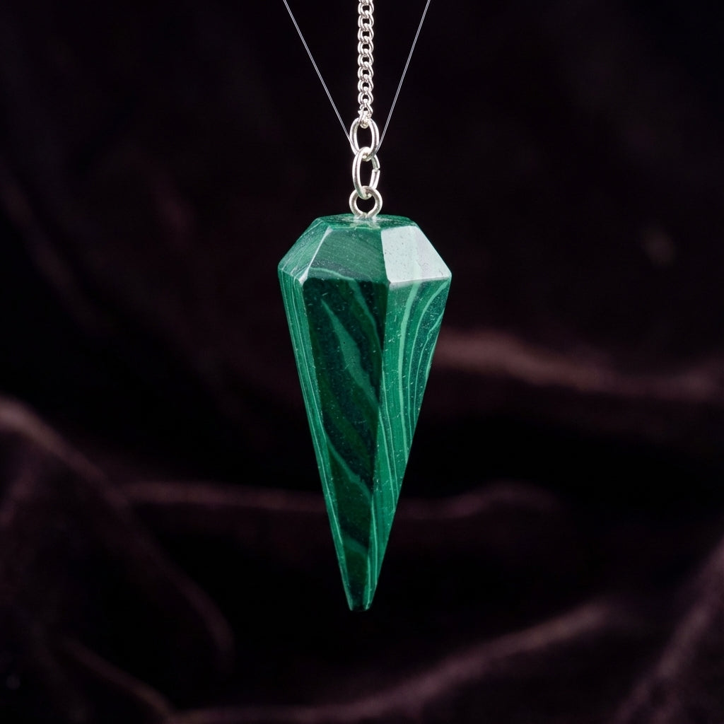 Create a high-resolution image of a 6-Sided Malachite Pendulum, 9 inches in length, suspended elegantly in a softly lit mystical setting. Use a diffused daylight studio light to highlight the rich, deep green banded patterns of the malachite's polished sur