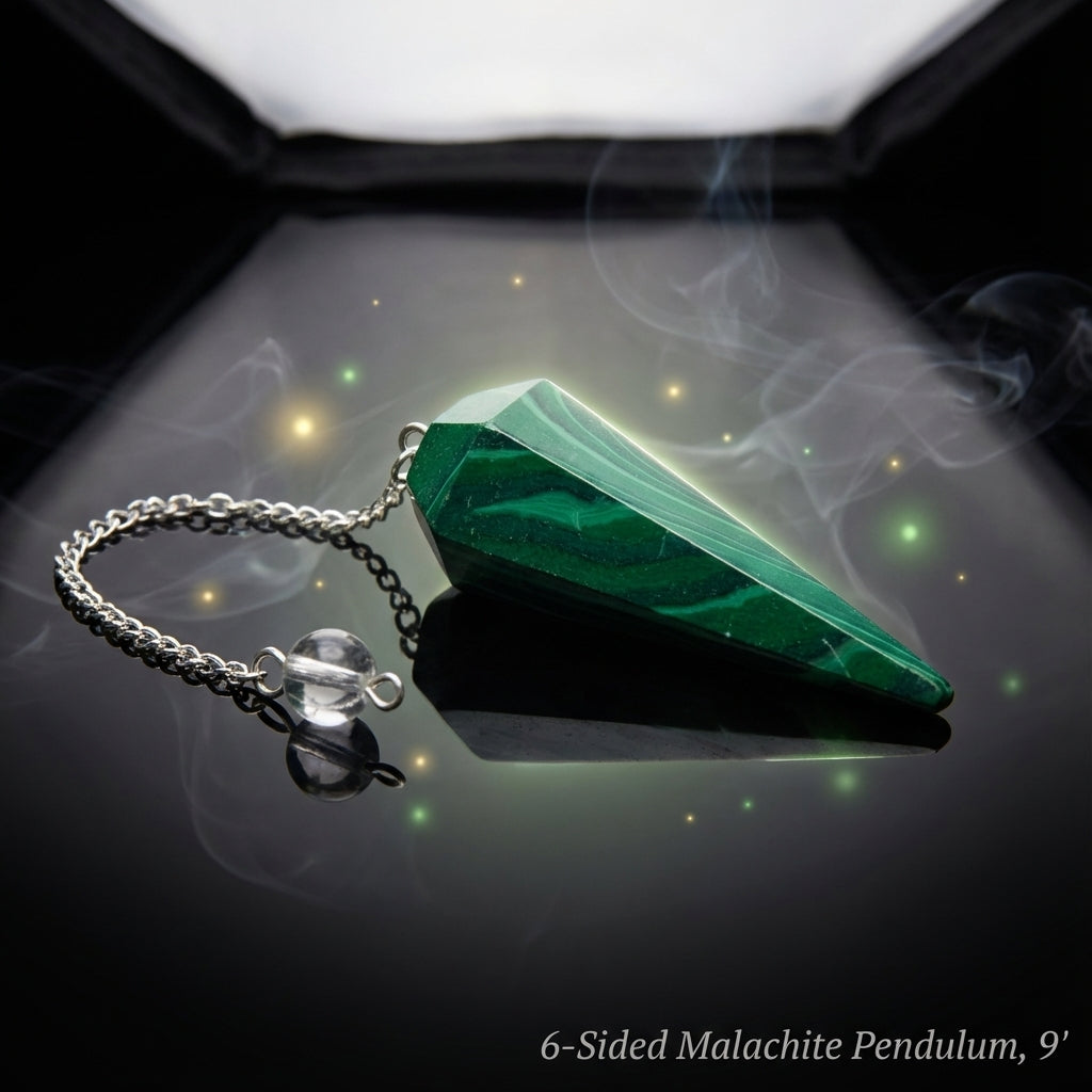 Generate a cinematic, studio shot of a 6-Sided Malachite Pendulum, 9 inches, positioned on a reflective black surface to create striking reflections that symbolize abundance and protection. Illuminate the scene using a rim light to enhance the gemstone's g