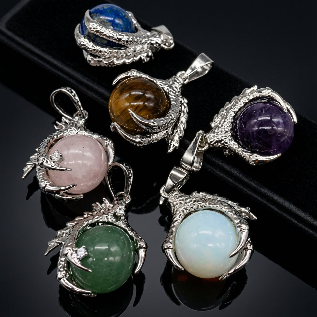 A highly detailed studio shot of the Dragon Claw Pendants set, arranged on a sleek black velvet display tray under pristine HDR softbox lighting. The camera, a Canon EOS 5D Mark IV with a 50mm prime lens, is positioned at a slight angle to capture the intr