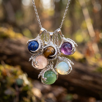 A close-up, lifestyle-inspired scene featuring the Dragon Claw Pendants set worn by a model with a softly blurred, natural outdoor background in daylight. Using a Nikon D850 with an 85mm macro lens, the focus is tight on the six pendants hanging from a del