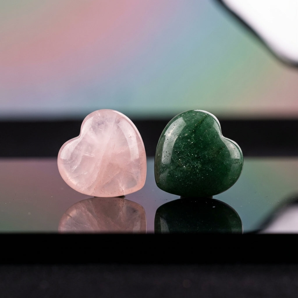 A highly detailed, studio-shot image of a set of two spiritual heart beads, each 15mm, crafted from natural Rose Quartz and another contrasting stone, displayed on a sleek reflective black surface. The scene features softbox lighting that evenly illuminate