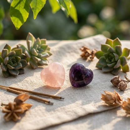 A vibrant lifestyle scene featuring a pair of spiritual heart beads, 15mm each, placed gently in an open, natural linen cloth against a softly blurred background of a serene outdoor setting, with dappled sunlight filtering through leaves. The beads, made f