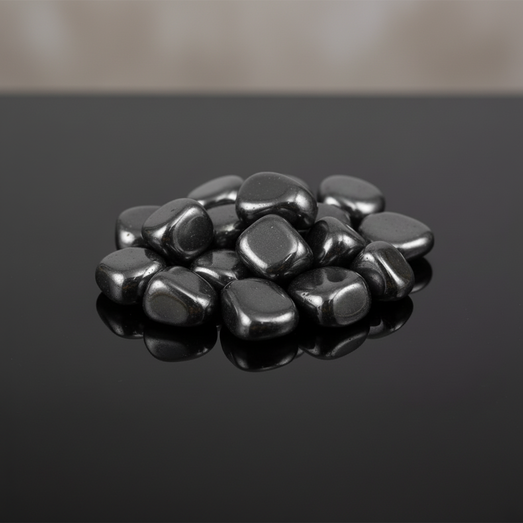 Capture a close-up, studio shot of a 1 lb collection of Hematite magnetic tumbled stones arranged neatly on a reflective black surface. Utilize softbox lighting to highlight the smooth, polished textures and subtle metallic sheen of the stones. The backgro