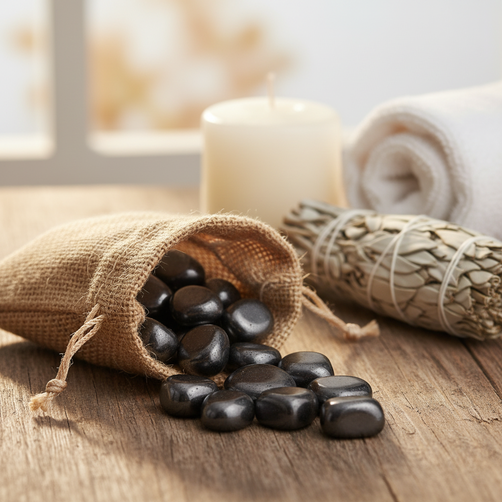 Create a serene, lifestyle setting image with a small burlap pouch partially open, revealing Hematite magnetic tumbled stones spilling onto a wooden surface. Use diffused daylight simulation lighting to produce a natural, warm glow that complements the nat