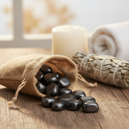 Create a serene, lifestyle setting image with a small burlap pouch partially open, revealing Hematite magnetic tumbled stones spilling onto a wooden surface. Use diffused daylight simulation lighting to produce a natural, warm glow that complements the nat