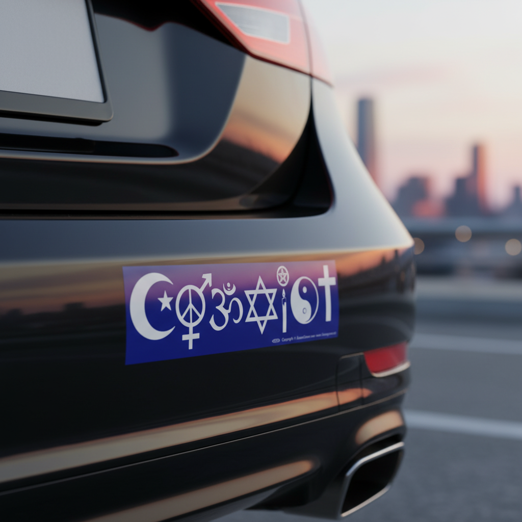 A detailed close-up shot of the 'Coexist Bumper Sticker' adhered to the rear bumper of a sleek, modern car, captured with a professional DSLR camera using a 50mm lens in a high dynamic range (HDR) studio lighting setup. The scene is illuminated with softbo