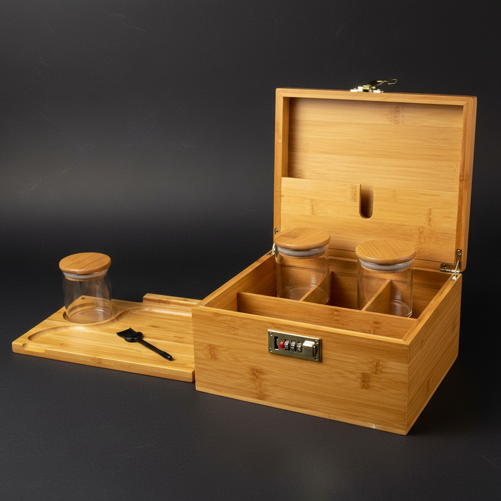 A close-up, hyper-realistic studio shot of the wooden stash box placed on a sleek, dark matte surface with a subtle textured background to enhance its natural wood grain. Softbox lighting from above creates gentle highlights on the polished wooden surface,