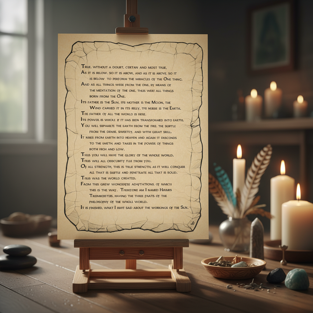 Generate a cinematic, high-resolution image of the 'Emerald Tablet Poster' in a contemplative ritual setup. The scene features a close-up shot of the poster displayed on a rustic wooden easel, illuminated by HDR studio lighting to emphasize the vibrant gre