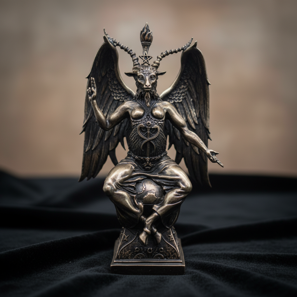 Capture a photorealistic, close-up shot of the Baphomet Bronze Statue, positioned on a sleek, dark velvet fabric surface under softbox lighting that highlights the intricate textures of the bronze. Use a macro lens with a 100mm focal length, shallow depth 