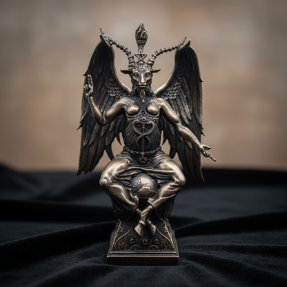 Capture a photorealistic, close-up shot of the Baphomet Bronze Statue, positioned on a sleek, dark velvet fabric surface under softbox lighting that highlights the intricate textures of the bronze. Use a macro lens with a 100mm focal length, shallow depth 
