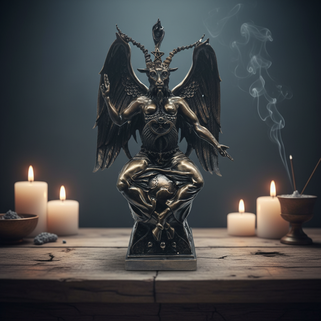 Photorealistic scene featuring the 14 1/2 inch Baphomet Bronze Statue standing on a rustic wooden altar in a dimly lit sacred space. Use diffused daylight balanced studio lighting that softly diffuses shadows around the statue, creating a calm and mystical