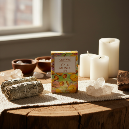 A vibrant lifestyle scene featuring the Call Money Soap by Ohli-Way, 100gm, styled on a rustic wooden altar surrounded by natural elements such as sage bundles, crystals, and candles. Natural diffused sunlight filters through a nearby window, creating a wa