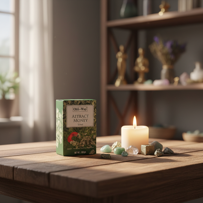 A luminous lifestyle scene showcasing the 'Attract Money Soap by Ohli~Way, 100gm' on a rustic wooden table in a softly lit, cozy spiritual space. Natural diffused daylight filters through a nearby window, casting gentle shadows across the scene. The soap, 