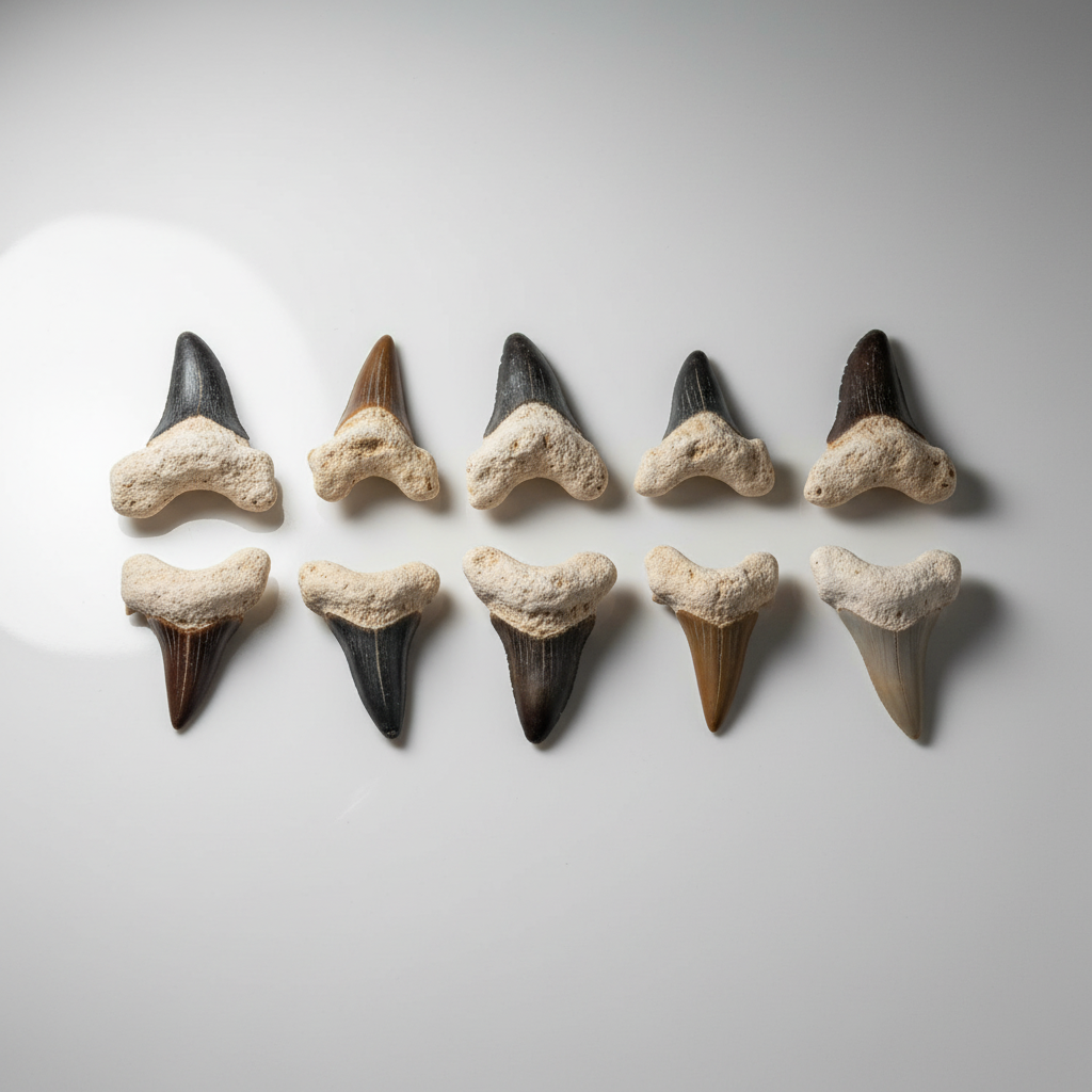 A high-resolution, photorealistic close-up shot of a single shark tooth, meticulously illuminated with diffused daylight through a softbox, highlighting its natural texture and sharp edges. The camera uses a macro lens at 100mm focal length, with a shallow