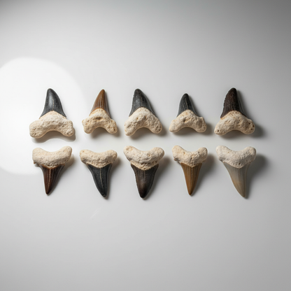 A high-resolution, photorealistic close-up shot of a single shark tooth, meticulously illuminated with diffused daylight through a softbox, highlighting its natural texture and sharp edges. The camera uses a macro lens at 100mm focal length, with a shallow