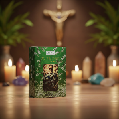 A highly detailed, photorealistic close-up of the Mr. Money Soap Ohli Way, 100gm, elegantly placed on a smooth, polished wooden surface. Softbox lighting highlights the soap's intricate design and rich texture, emphasizing its mystical symbols and subtle s