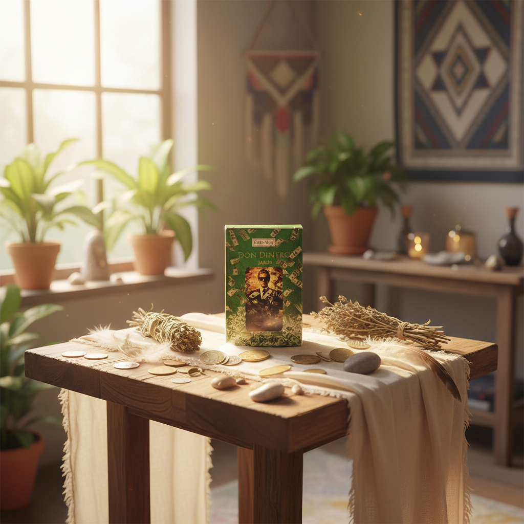 A vibrant, lifestyle scene showcasing the Mr. Money Soap Ohli Way, 100gm placed on a rustic altar table draped with natural fabrics and surrounded by symbolic items such as coins, feathers, and aromatic herbs. Bright, diffused daylight from a large window 