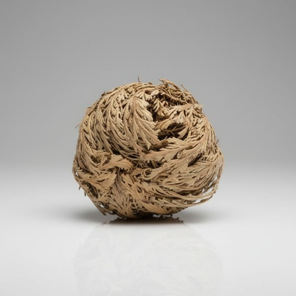 A highly detailed, photorealistic close-up of the Jericho Flowers (Selaginella lepidophylla) set against a smooth, neutral studio background, illuminated by softbox lighting that highlights its intricate textures and deep green, slightly wrinkled leaf surf