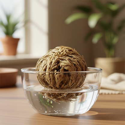 A beautifully composed, hyper-realistic depiction of the Jericho Flowers placed in a clear glass bowl partially filled with water, set within a warm, inviting naturalistic environment that suggests a gentle indoor setting. Soft, diffused daylight illuminat