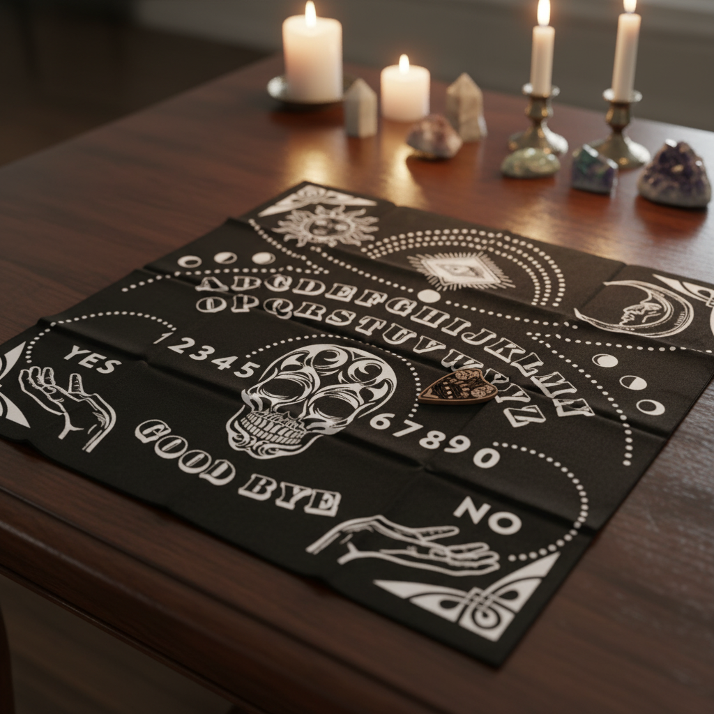 Create a photorealistic image of a 24'x24' black Ouija Board Mat laid out on a polished dark wooden table, illuminated by softbox lighting that enhances its texture and intricate design details. The scene is set in a serene, dimly lit spiritual studio with