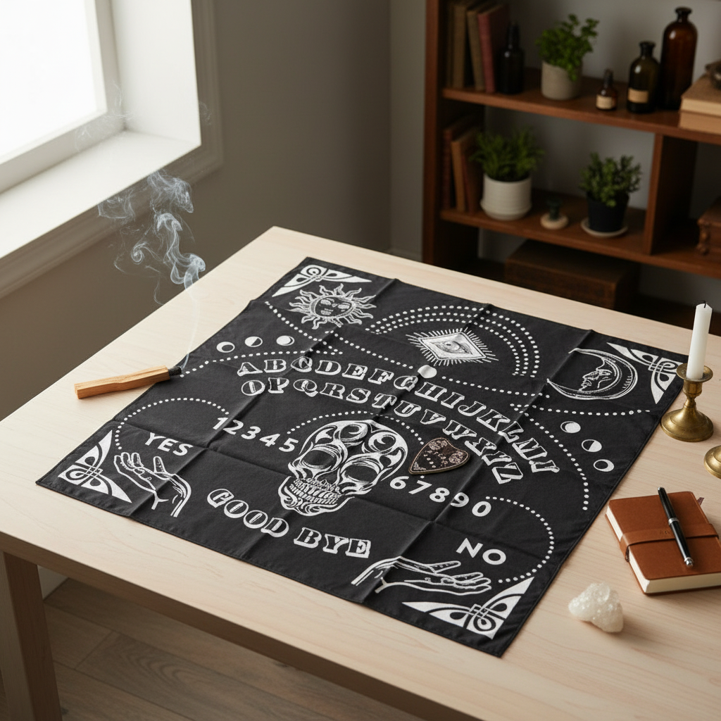 Generate a photorealistic scene featuring the black Ouija Board Mat measuring 24'x24' prominently displayed in a dedicated metaphysical space. The mat is spread flat on a clean, light-colored surface under diffused daylight flooding through a nearby window