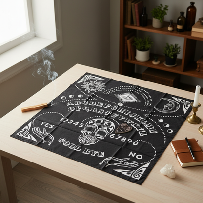 Generate a photorealistic scene featuring the black Ouija Board Mat measuring 24'x24' prominently displayed in a dedicated metaphysical space. The mat is spread flat on a clean, light-colored surface under diffused daylight flooding through a nearby window
