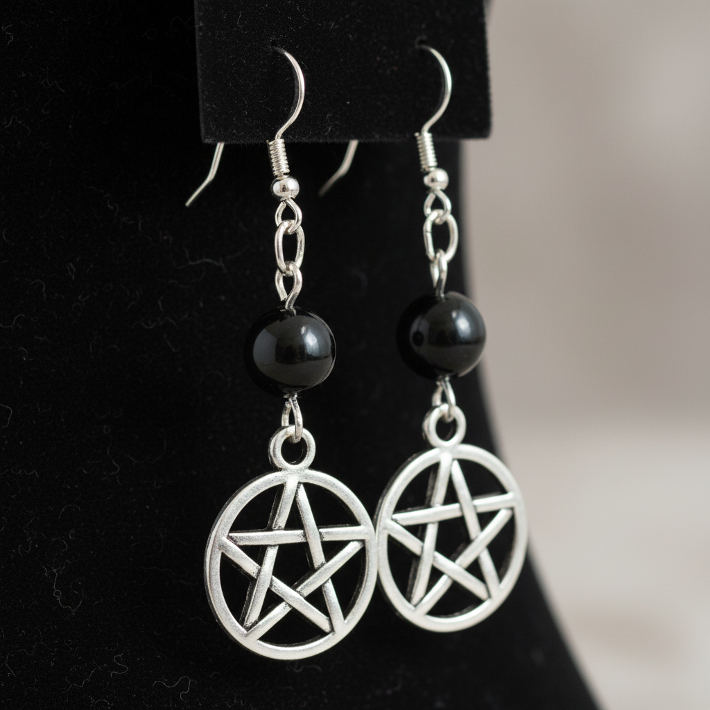 A close-up, hyper-realistic studio shot of Black Onyx Pentagram earrings displayed on a sleek, dark velvet background. The lighting is softbox diffused daylight, highlighting the glossy, polished black onyx beads and the metallic pewter charms with subtle 