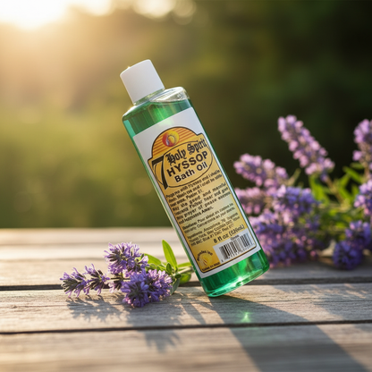 Capture a serene, creaturely close-up of the 7 Holy Spirit Hyssop Bath Oil 8oz bottle, set against a softly blurred, natural background of lush green foliage and delicate hyssop flowers. The scene features professional studio lighting with a softbox to cre
