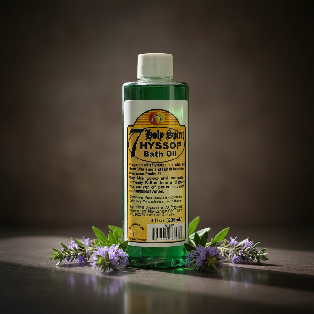 Craft an elegant, studio-shot scene of the 7 Holy Spirit Hyssop Bath Oil 8oz placed centrally against a dark, matte background with a muted, earthy palette. Use HDR studio lighting with rim lights to accentuate the contours and glass transparency of the bo