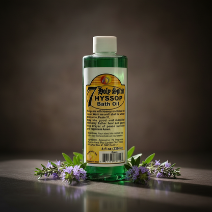 Craft an elegant, studio-shot scene of the 7 Holy Spirit Hyssop Bath Oil 8oz placed centrally against a dark, matte background with a muted, earthy palette. Use HDR studio lighting with rim lights to accentuate the contours and glass transparency of the bo