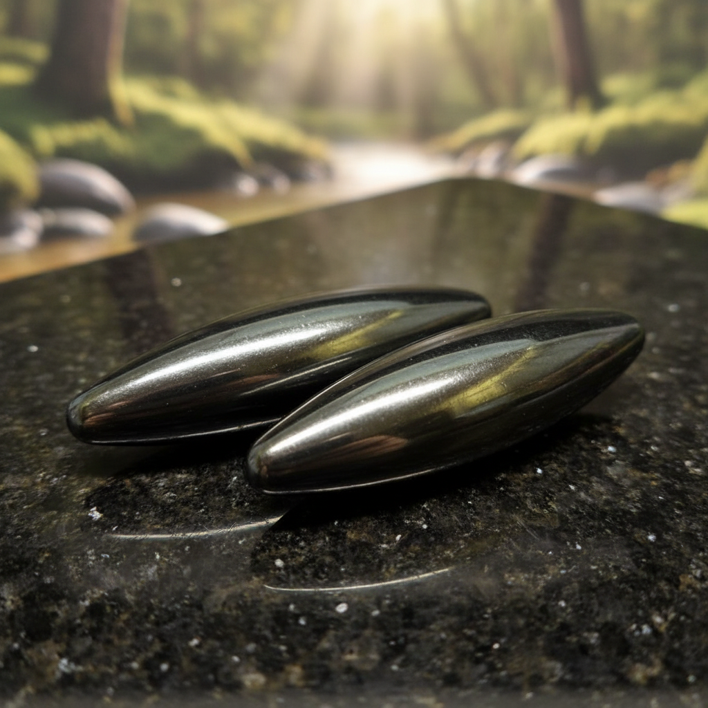 Capture a close-up, high-resolution shot of the Magnetic Hematite Ovals set arranged on a smooth, reflective black granite surface. Use softbox lighting to highlight the sleek, polished texture of each oval, emphasizing their deep metallic gray and subtle 