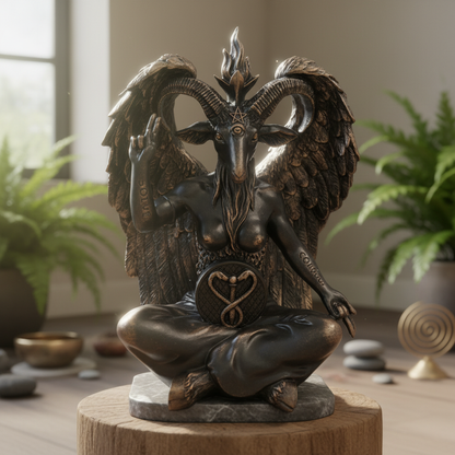 A highly detailed, photorealistic image of a 24-inch Baphomet Statue showcased in a serene, softly lit spiritual sanctuary. The scene features diffused daylight coming from a nearby window, highlighting the intricate textures of aged bronze and smooth ston