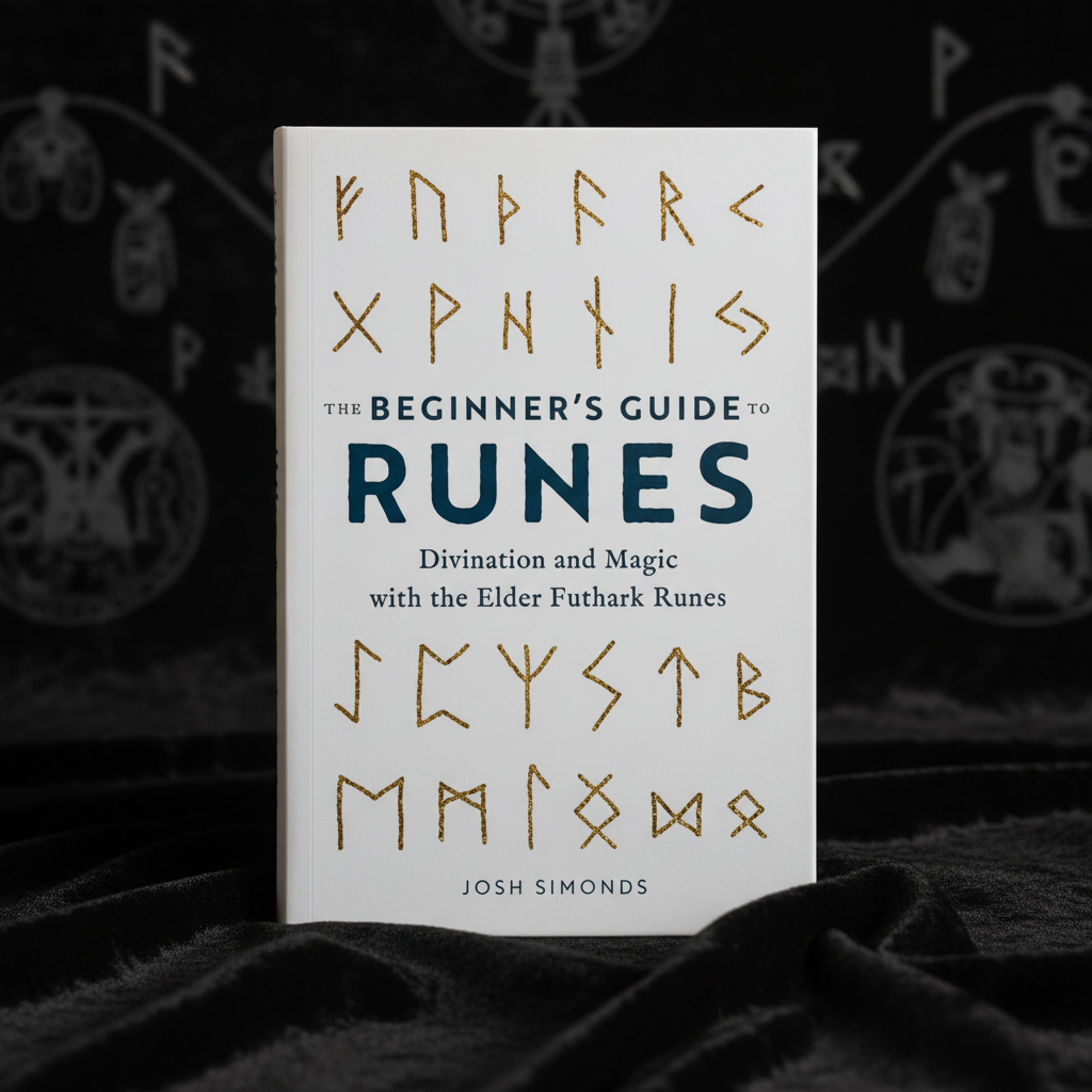 A cinematic composition showcasing the book 'Beginner's Guide to Runes by Josh Simonds' standing upright on a dark, textured velvet cloth. The scene uses HDR studio lighting to create balanced highlights and shadows, emphasizing the richness of the cover's