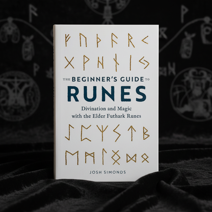 A cinematic composition showcasing the book 'Beginner's Guide to Runes by Josh Simonds' standing upright on a dark, textured velvet cloth. The scene uses HDR studio lighting to create balanced highlights and shadows, emphasizing the richness of the cover's