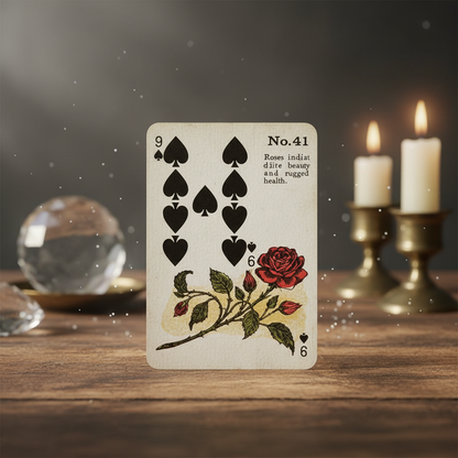 A visually rich, studio-quality scene depicting the Gypsy Witch Fortune Telling Playing Card displayed upright on an aged wooden table with a diffused daylight studio light illuminating it from the side to create gentle shadows that accentuate the card’s t