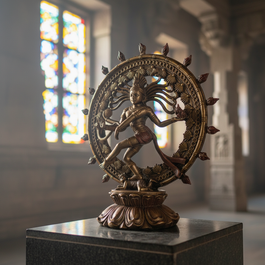 A highly detailed, photorealistic image of the Shiva Nataraja Statue, 9 Inches, showcased in a serene, softly lit temple setting. The scene uses diffused daylight through stained glass windows, highlighting the intricate craftsmanship of the bronze statue 