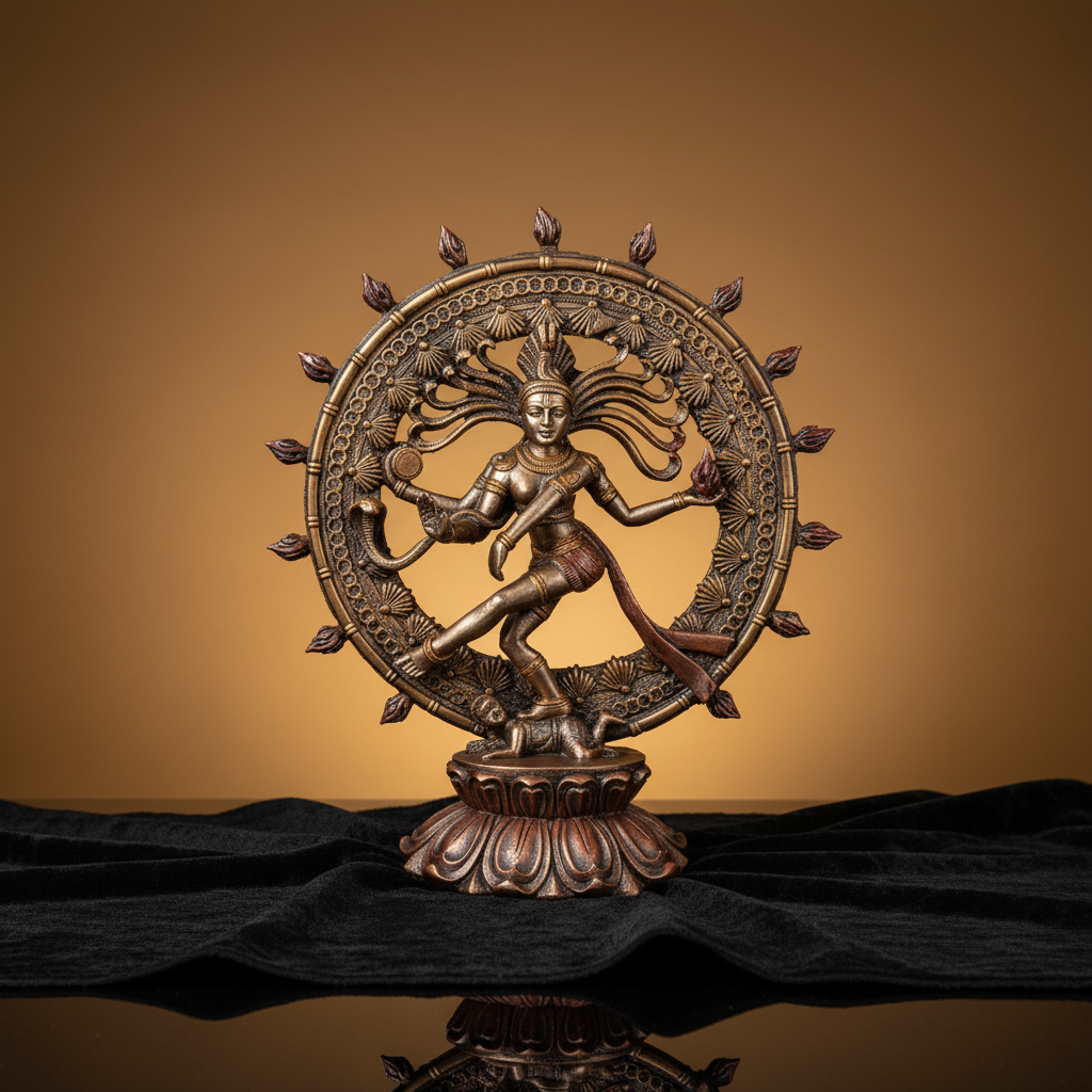 An evocative, studio-shot image of the Shiva Nataraja Statue, 9 Inches, placed on a dark velvet cloth under a professional HDR studio light setup. The lighting accentuates the detailed carvings and the flowing attributes of Shiva’s dance, creating delicate